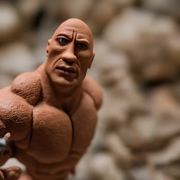 Image similar to a cinematic film still of a claymation stop motion film starring dwayne the rock johnson, shallow depth of field, 8 0 mm, f 1. 8