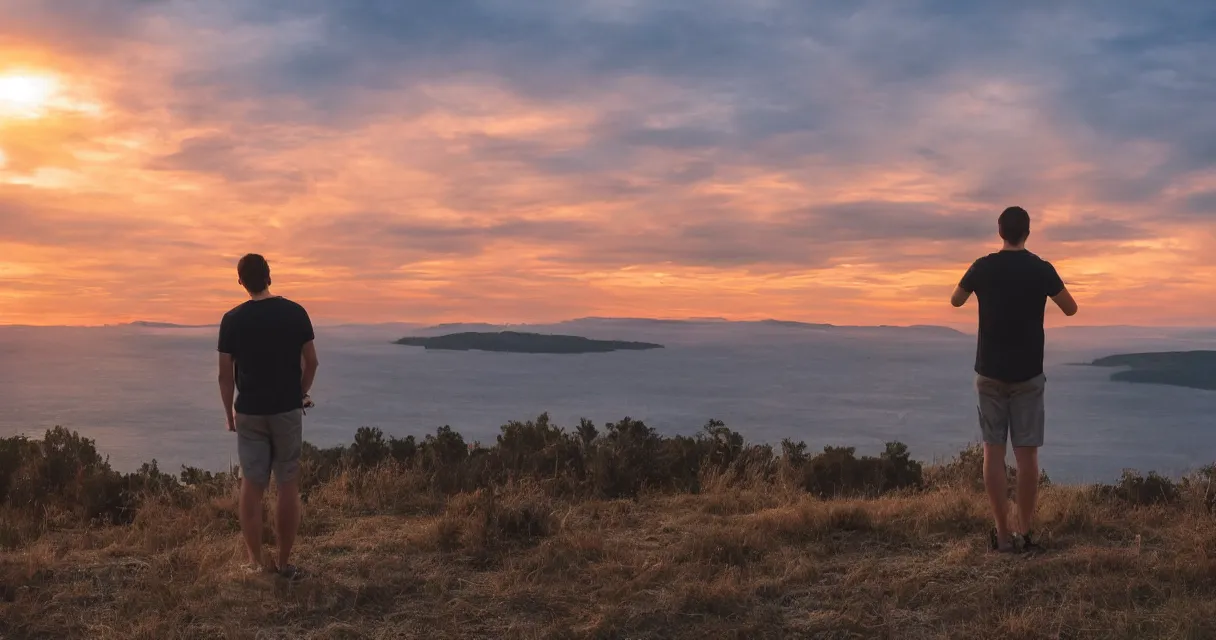 Prompt: wide range photo of a man looking at a beautiful sunset, highly detailed, colorful