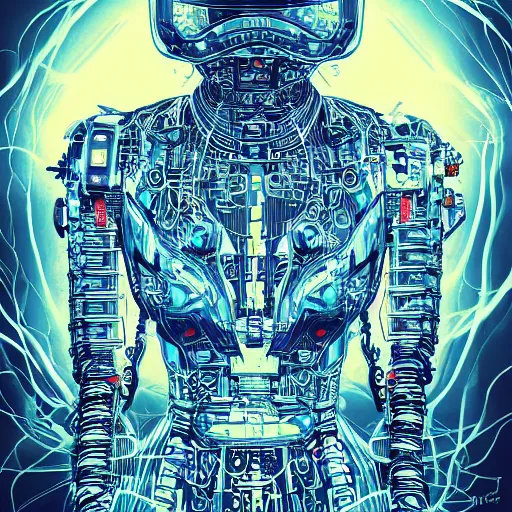 Image similar to a beautiful body of a bot fighter pilot woman mostly made of wires and electronic lightning sparks smoke, an ultrafine detailed illustration by james jean, final fantasy, intricate linework, bright colors, behance contest winner, vanitas, angular, altermodern, unreal engine 5 highly rendered, global illumination, radiant light, detailed and intricate environment