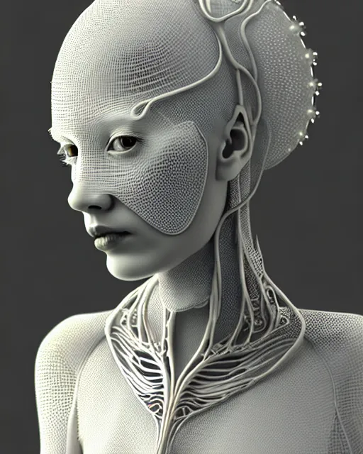 Image similar to dreamy soft luminous bw 3 d octane render, beautiful spiritual angelic biomechanical albino girl cyborg with a porcelain profile face, very long neck, rim light, big leaves and stems, roots, fine foliage lace, alexander mcqueen, art nouveau fashion embroidered collar, steampunk, silver filigree details, hexagonal mesh wire, mandelbrot fractal, elegant