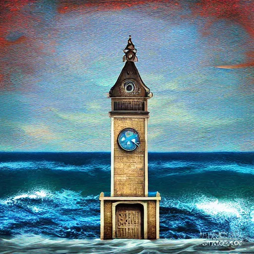 Image similar to Victorian clock tower in an ocean landscape, digital art, surrealism, impasto, contest winner