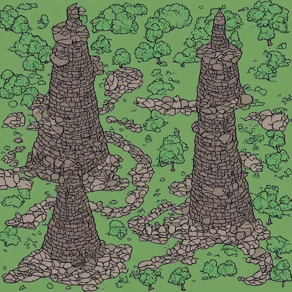 Prompt: ground, tree, rock and wizard tower, on a lineart tileset