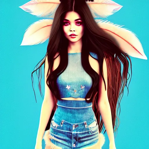 Image similar to skydoll like madison beer by alessandro barbucci, by loish, style by audrey kawasaki, barbbara cannepa global illumination, feathers texture overlays, wood veins on top