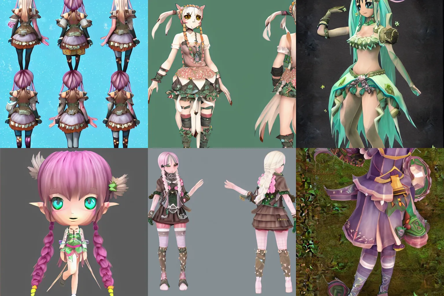 Prompt: 3d character, art style of Rune Factory 5, female, views of front back, side, hand painted textures, full body adoptable, low poly, pigtails, intricate details, fantasy, nature goddess moon and glitter themes