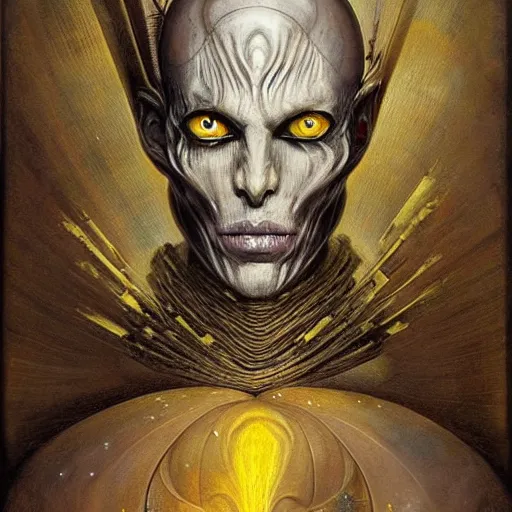 Image similar to ( ( ( head and shoulders portrait of a gaunt noseless yellow skinned bald githyanki warrior in a breastplate, floating in the astral plane ) ) ), dave mckean, hr giger, peter mohrbacher, d & d, fantasy, medieval