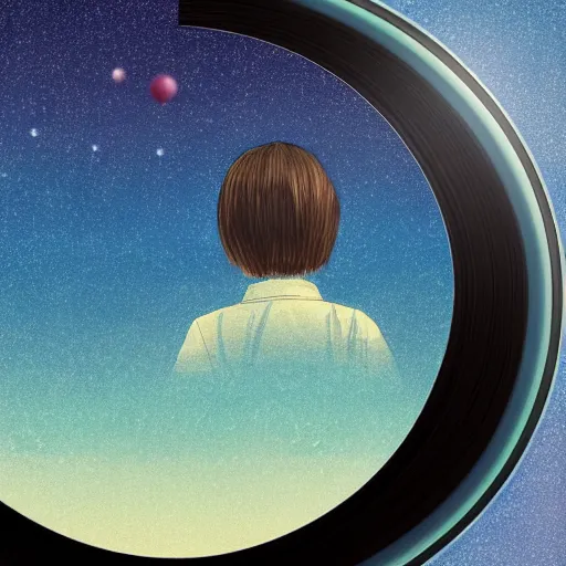 Image similar to a photo of a music disc floating by inio asano, aya takano color style, 4 k, super detailed, night sky, digital art, digital painting, celestial, majestic, colorful