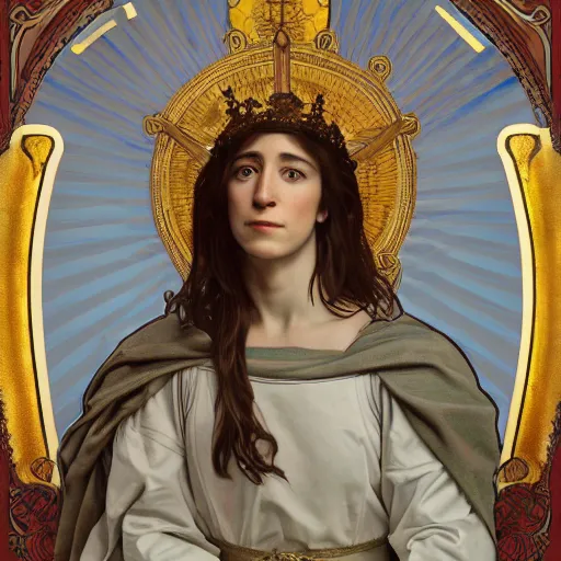 Image similar to portrait of charlotte gainsbourg as joan of arc, hyperreal digital painting, iconography influenced by alphonse mucha and eugene delacroix, arstation and deviantart trends, high resolution 8 k