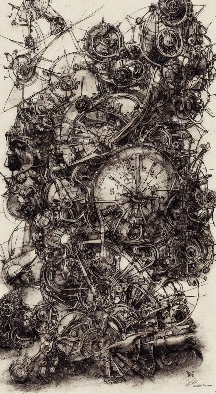 Image similar to Jean-Baptiste Monge and Alex Ross a artwork of leonardo da vinci sketches of steampunk machines