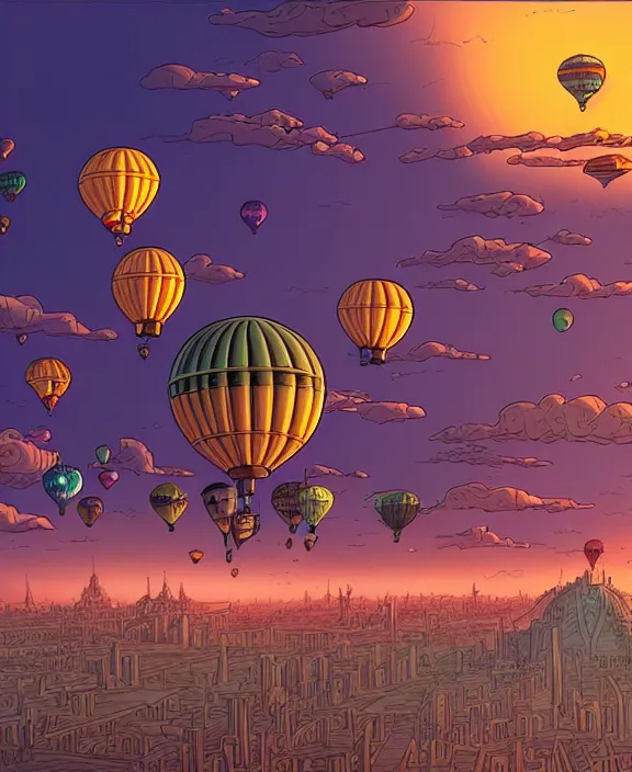 Prompt: a flying steampunk city with hot air balloons in the middle of a cloudy sky, light beams, sunset lighting, color cartoon drawing, in the style of jean giraud moebius