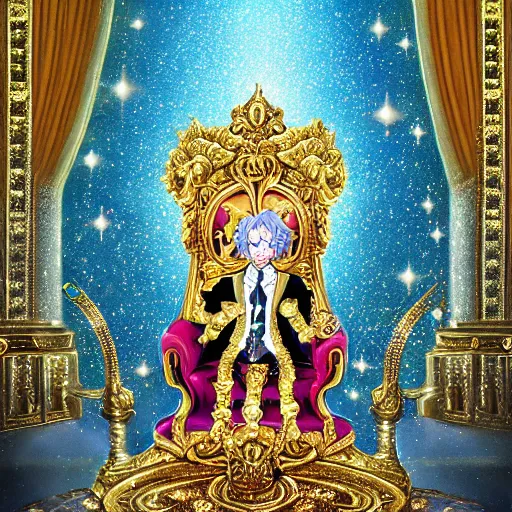 Prompt: anime of a shining majestic throne made of millions of diamonds, gold and zaphires with thousands of light reflections, and a clown on a tuxedo suit is sitting on the throne while handing a golden balloon, dramatic light, digital painting, ultradetailed, artstation, oil painting, ultradetailed, artstation