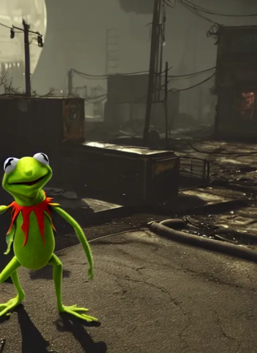 Prompt: kermit the frog in fallout 4, wearing power armor, hq screen shot, octane render, cinematic lighting, sharp detail, 5 k