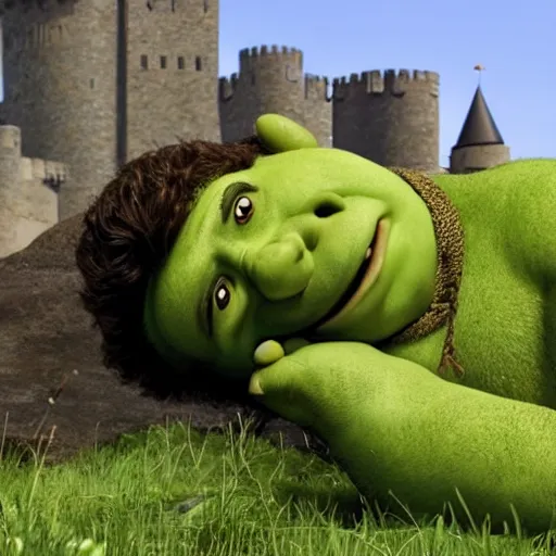 Image similar to shrek rolling down a hill towards a castle with explosives strapped to his chest