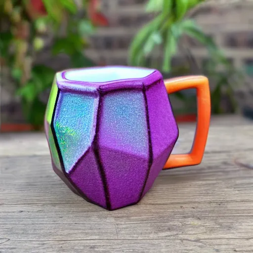 Image similar to brightly colored icosahedron triangle ceramic mug with iridescent glaze