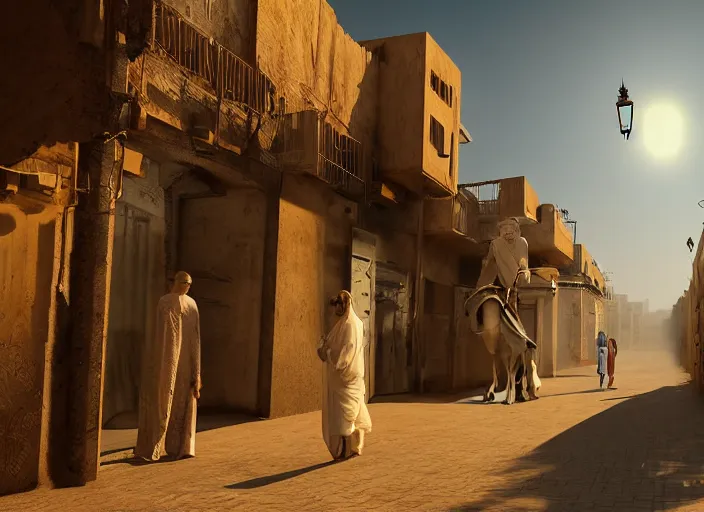 Image similar to old jeddah city alley, roshan, old shops, horse, magical glowing sand gateway to another dimension, several robots! and a man wearing a white robe standing watching over, dramatic lighting, dawn, by caspar david friedrich, unreal engine 5