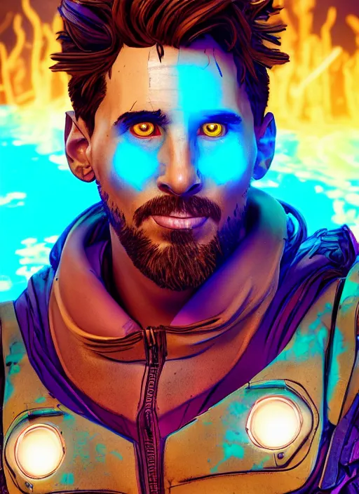 Image similar to glowwave portrait of messi from borderlands 3, au naturel, hyper detailed, digital art, trending in artstation, cinematic lighting, studio quality, smooth render, unreal engine 5 rendered, octane rendered, art style by klimt and nixeu and ian sprigger and wlop and krenz cushart.