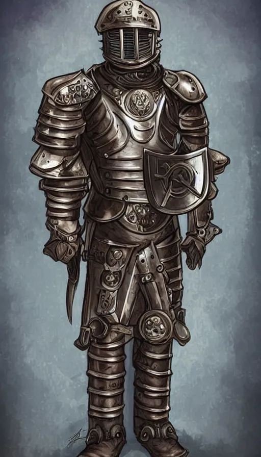 Prompt: digital art of strong knight wearing plate armor, holding weapon and shield, standing upright, full body. steampunk themed with clockwork and gears