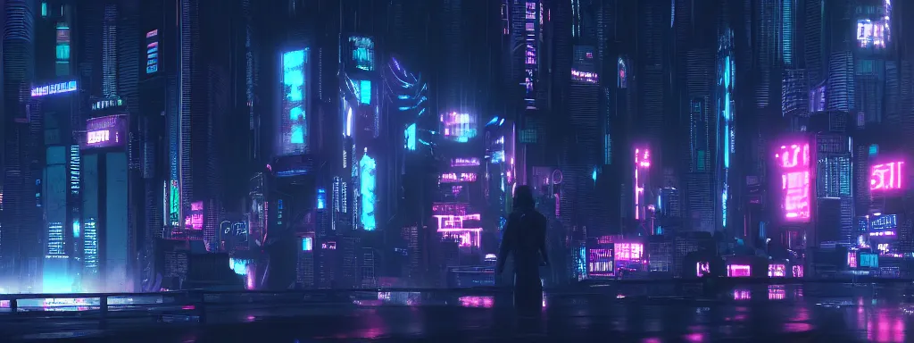 Image similar to matte painting of a dark neon cyberpunk city in the film ghost in the shell, trending on artstation, 8k, ultra hd