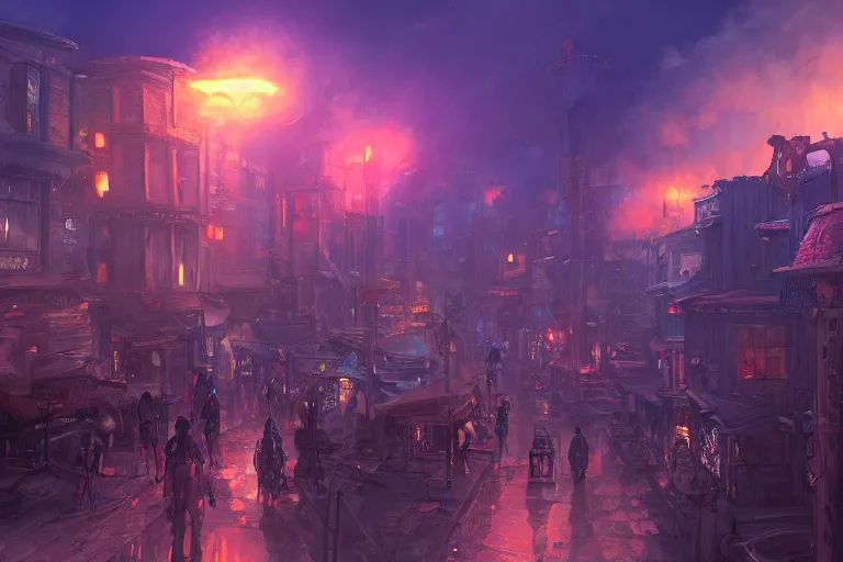 Prompt: fantasy art of an eldritch oldwest town at night, with corrupted giant smoke tentacles in the air, by makoto shinkai, highly detailed digital art, trending on artstation