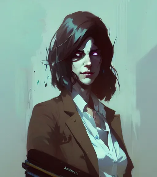 Image similar to portrait of a female john constantine by atey ghailan, by greg rutkowski, by greg tocchini, by james gilleard, by joe fenton, by kaethe butcher, dynamic lighting, gradient light blue, brown, blonde cream and white color scheme, grunge aesthetic