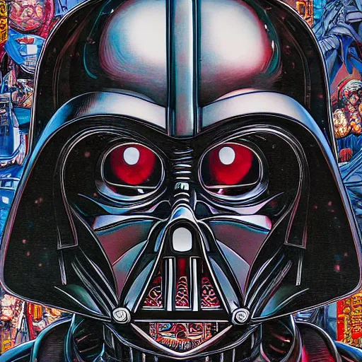 Image similar to portrait closeup of crazy darth vader, symmetrical, hyper detailed, by yoichi hatakenaka, masamune shirow, josan gonzales and dan mumford, ayami kojima, takato yamamoto, barclay shaw, karol bak, yukito kishiro