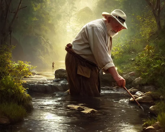 Prompt: an old man panning for gold in a river, deep focus, d & d, fantasy, intricate, elegant, highly detailed, digital painting, artstation, concept art, matte, sharp focus, illustration, hearthstone, art by artgerm and greg rutkowski and alphonse mucha