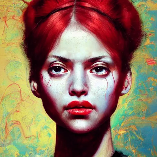 Prompt: Portrait of a girl with vibrant red background, actress, defined upper body, orientalist portrait of female sage, fantasy, face, intricate, elegant, highly detailed, oil painting, artstation, concept art, smooth, sharp focus, illustration, art by Heady Tale and Francis Bacon and Artem Demura and Norman Rockwell. Jamie Hewlett, Ralph Steadman