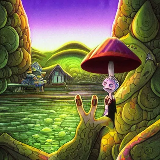 Image similar to A centered chest up portrait of a psychedelic godlike anthropomorphic frog smoking a hand-rolled cigarette , magic mushroom village in background . award winning. superb resolution. in the art style of junji Ito and greg rutkowski . Detailed Mushroom city in background. Hyper realistic anime. Perfect art. Dalle2