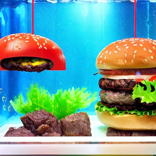 Image similar to a juicy hamburger in a giant aquarium with coke instead of water