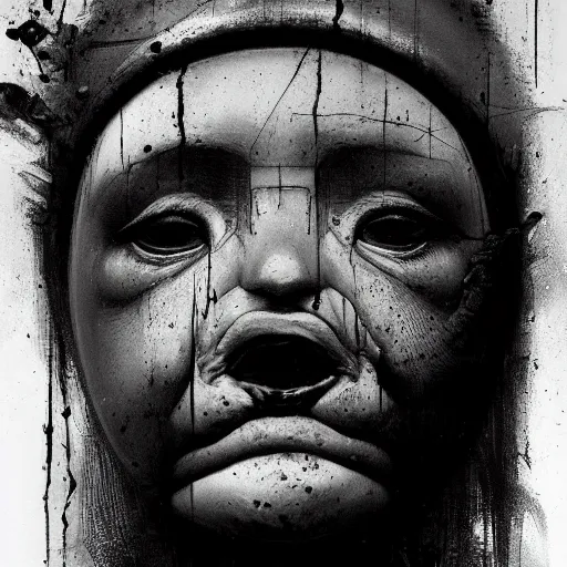 Image similar to portrait of the face of big fat old sumoringer as despair from sandman, venus of willendorf, by jeremy mann, by gregory crewdson, by bastien lecouffe deharme, by russ mills, sad face, topknot, black hair, mourning, black eyes, white room, soft lightning, high detailed, 8 k