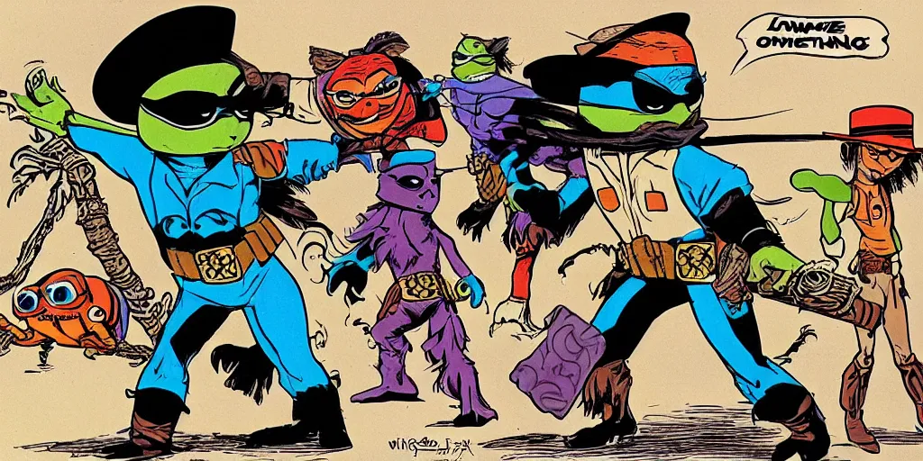 Image similar to saturday morning cartoon shot of an owl dressed as the lone ranger, style of ninja turtles, 1990s