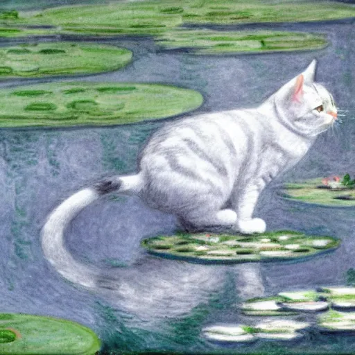 Prompt: a white and grey tabby cat stretching on a lilypad floating on a lake, in the style of water lilies painting by monet