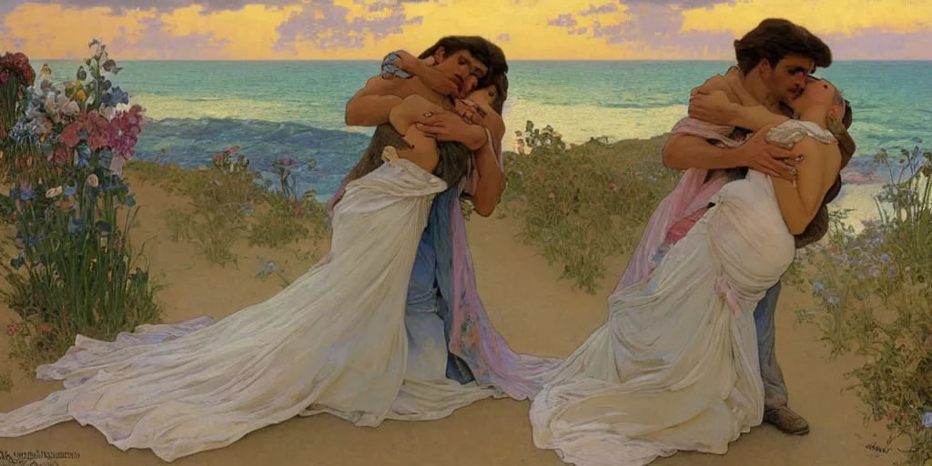 Prompt: a man hugging his beautiful wife by the beach, goro jurita, alphonse mucha, greg rutowski, thomas kinkade