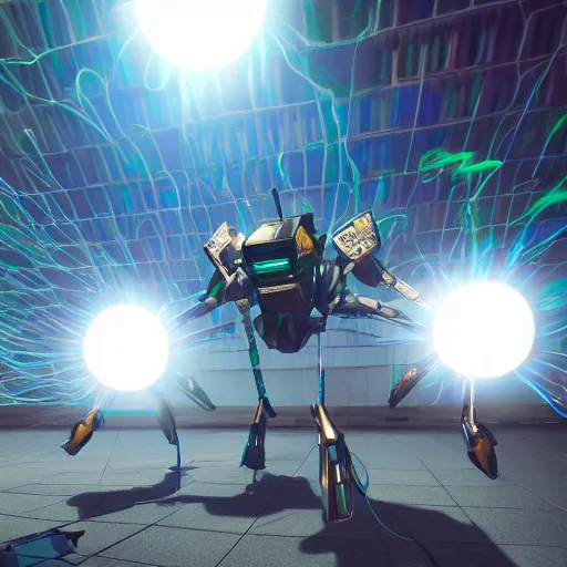 Prompt: a squad of detailed anime mecha spiderbots burns mountains of dollar bills in the atrium of the guggenheim museum with Sol LeWitt colorful wall drawings on the wall in the background, smoke, fog, volumetric rendering, god rays, unity hdrp, unreal engine 5, marmoset, arnold