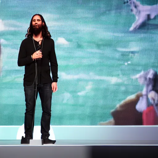 Image similar to jesus on stage at e 3 introducing game about jesus, photograph, 2 0 1 7, 4 k