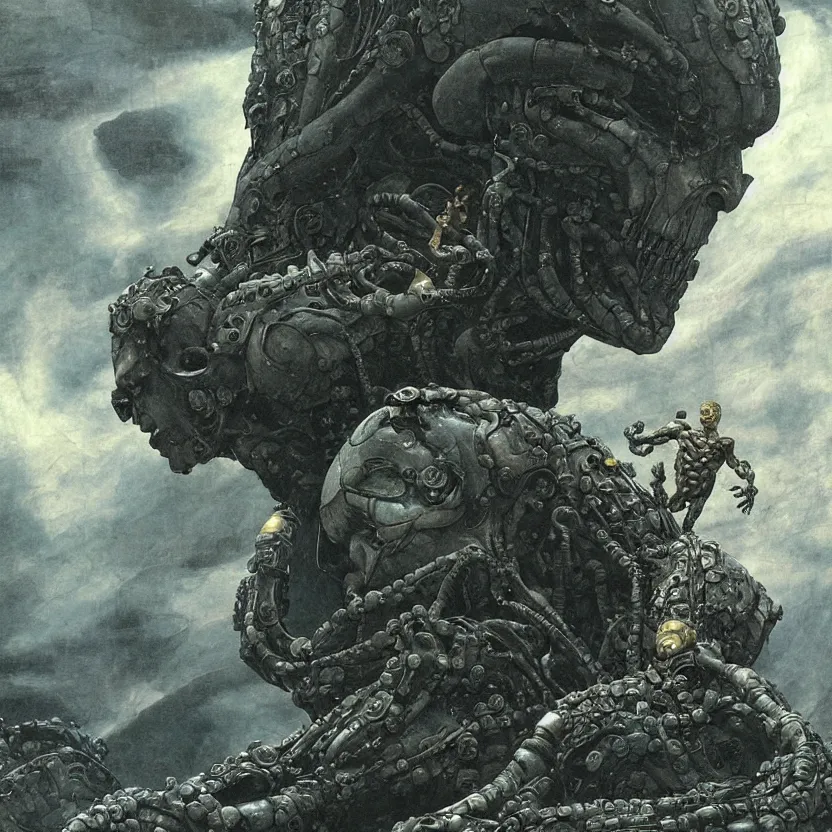 Image similar to still frame from Prometheus movie by Makoto Aida, cyborg with new life in guts standing in ornate gigerish spaceship by neri oxmn painted by Caravaggio and by Hisashi Tenmyouya by Fuyuko Matsui by Yasunari Ikenaga by Takato Yamamoto by beksinski