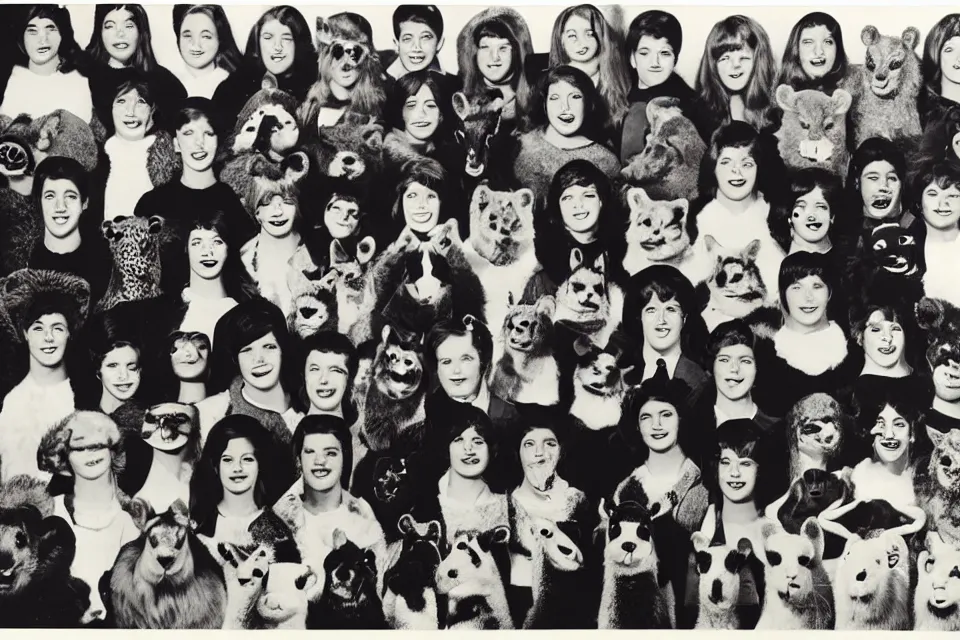 Prompt: A 1960s yearbook photo with animals dressed as humans .