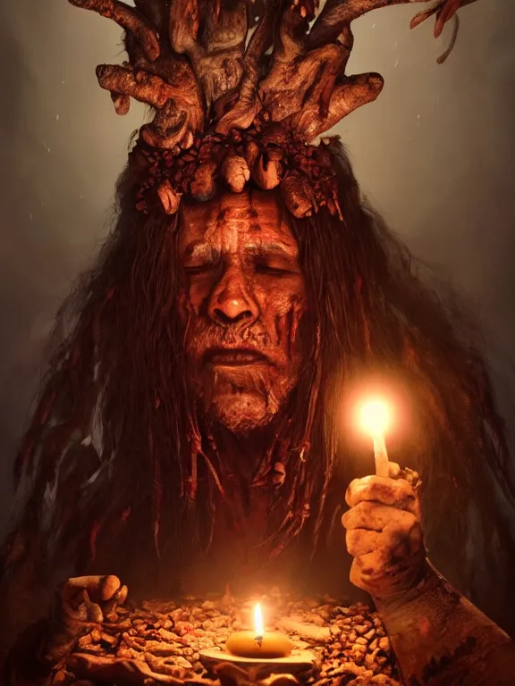 Image similar to fine painting of a death shaman from an ancient culture with mushrooms growing from his body, candlelight, 8 k, ultra realistic, lens flare, atmosphere, glow, detailed, intricate, full of colour, cinematic lighting, trending on artstation, 4 k, hyperrealistic, focused, extreme details, unreal engine 5, cinematic, masterpiece