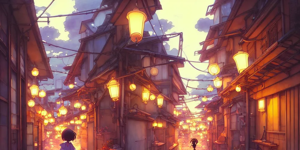 Image similar to the girl and the alley. anime, cozy village, at night after rain, clear night sky, lanterns. by hayao miyazaki and rossdraws and artgerm and greg rutkowski and alphonse mucha. anime production by studio ghibli. high quality, stunning, intricate detailed environment. 8 k