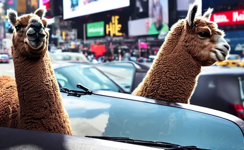 Image similar to a old photo of alpaca sitting in a car, looking out of the window and his hair is flying in the wind, riding through times square 8 k