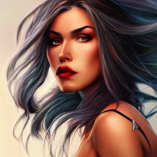 Image similar to a stunning upper body portrait of a beautiful woman with raven hair blowing in the wind by marvel comics, digital art, trending on artstation