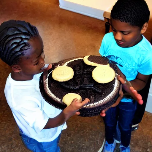 Prompt: kids feasting on a colossal oreo