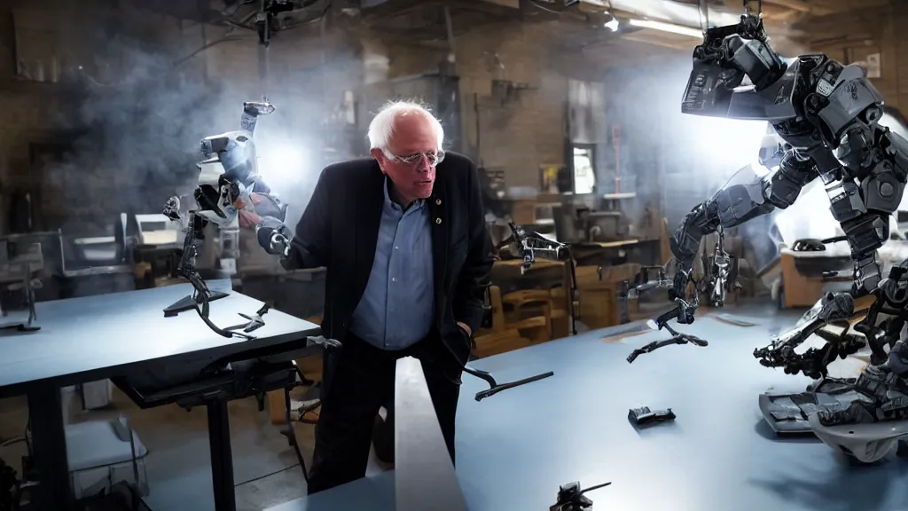 Image similar to bernie sanders putting the finishing touches on a small weaponized robot, cinematic moody lighting, smoky laboratory, sharp focus, imax