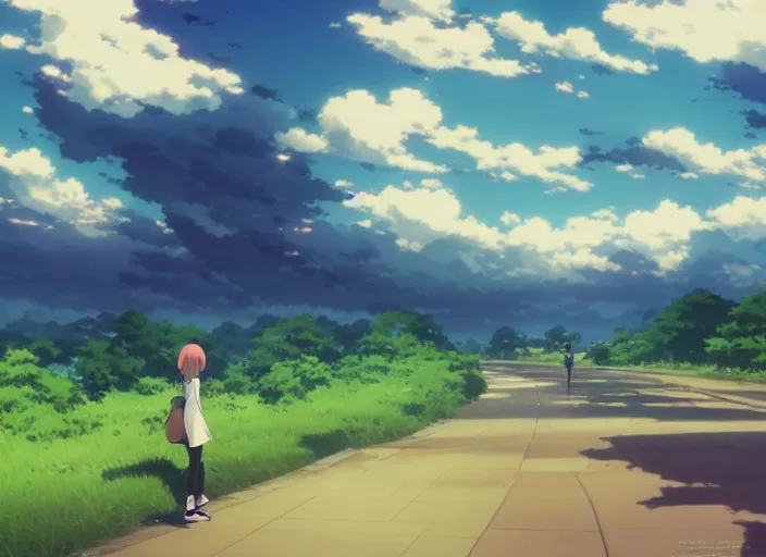 Prompt: chase the wind and touch the sky, anime scenery by Makoto Shinkai