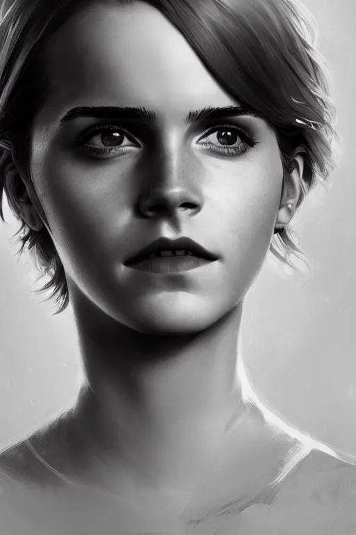 Image similar to science-fiction character portrait of emma watson, short silver hair, tall, elegant, highly detailed, digital painting, artstation, upper body, concept art, smooth, sharp focus, illustration, art by artgerm and greg rutkowski and alphonse mucha