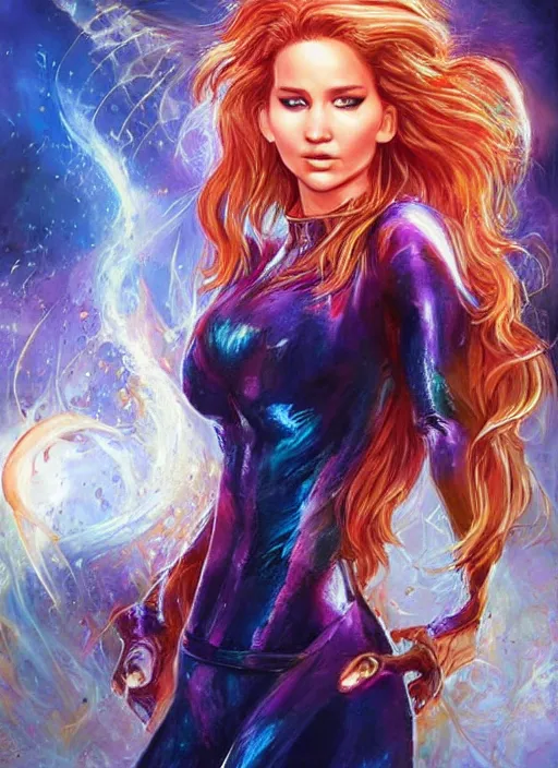 Prompt: front portrait hands behind body pose of attractive Jennifer Lawrence as Starfire with ginger wavy hair, hands behind her body pose!, Intricate overlay flames imagery , D&D!, fantasy style, sharp focus!, ultra detailed, art by Artgerm and Peter Andrew Jones, WLUP