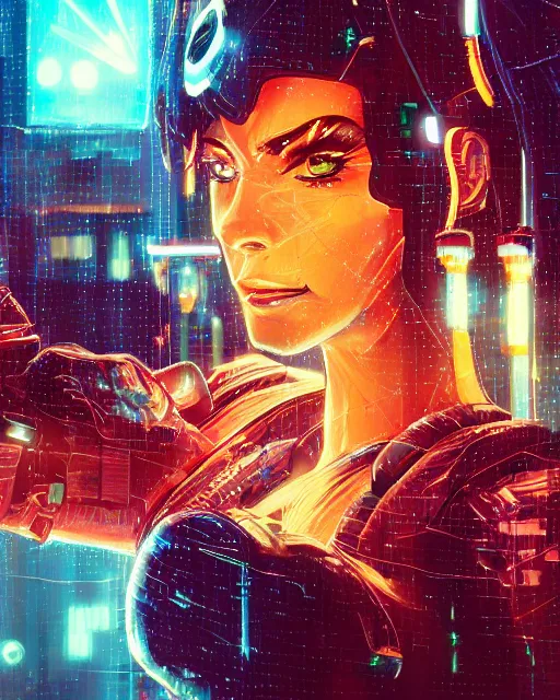 Image similar to a cyberpunk close up portrait of cyborg athena, electricity, sparks, bokeh, soft focus, sparkling, glisten, water drops, cold, dark, geometric, temples behind her, by paul lehr, jesper ejsing