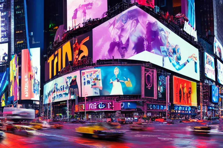 Image similar to a billboard on times square at night, screen show concert poster, band name is tripmachine, on the screen is a 3 d render of a huge futuristic steampunk generator, wet street, realistic digital art, 8 k, fluorescent colors, halluzinogenic, multicolored, exaggerated detailed, unreal engine, 8 0 mm