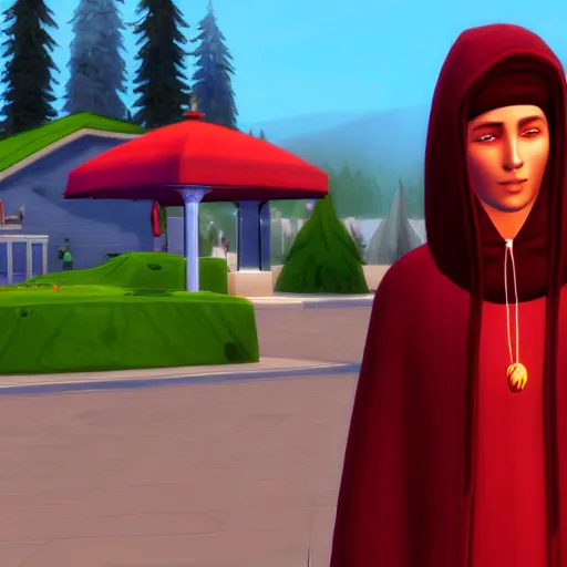 Image similar to a red hooded wizard holding a bell in sims 4 screenshot