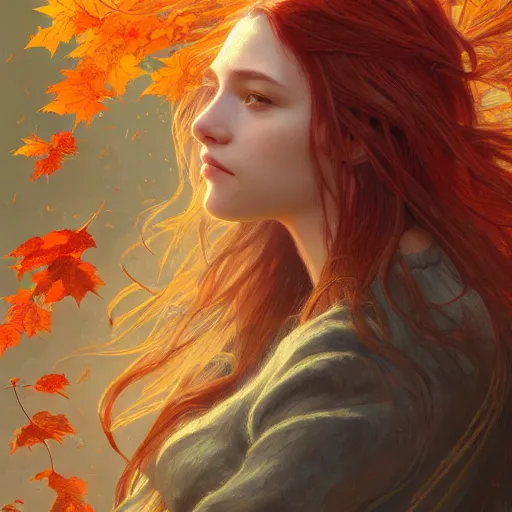 Image similar to girl with super long hair, hair becoming autumn red leaves, intricate, highly detailed, digital painting, artstation, concept art, smooth, sharp focus, illustration, unreal engine 5, 8 k, art by artgerm and greg rutkowski and alphonse mucha