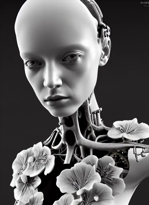 Image similar to monochrome 3 d model, biomechanical young female cyborg with porcelain profile face and a big floral eye, volumetric light, big leaves foliage and stems, hibiscus flowers, boho floral vines, sinuous fine roots, fine foliage lace, alexander mcqueen, rim light, art nouveau fashion pearl embroidered collar, steampunk, octane render, 8 k